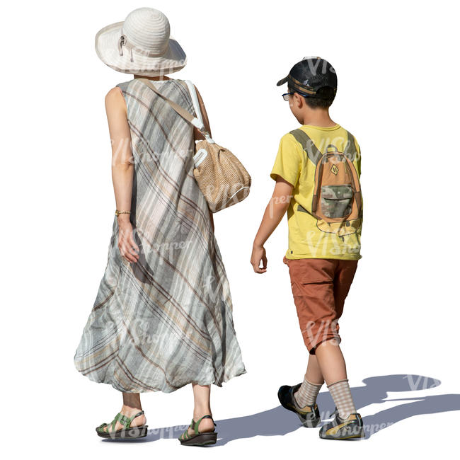 mother and son walking in summertime
