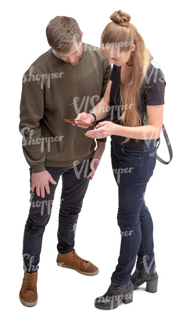 man and woman looking at a phone and talking