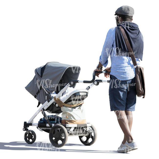 black man with a baby carriage walking