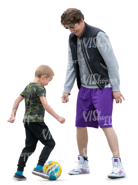 father and son playing football