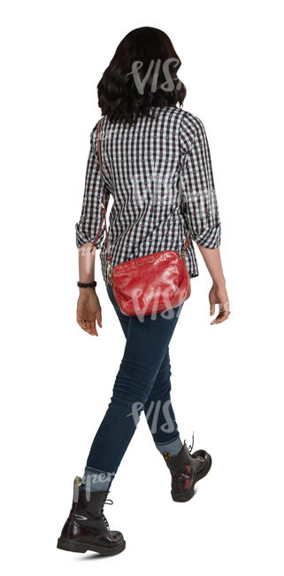 woman in a plaid shirt walking