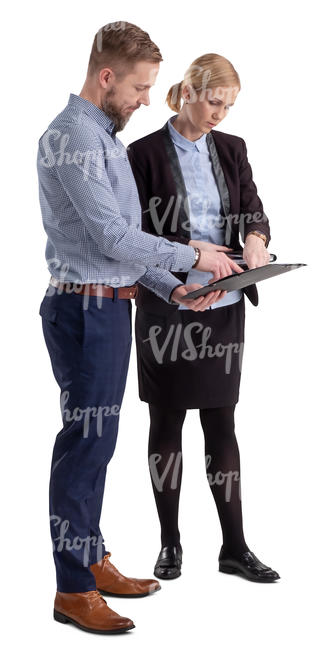 two office workers standing and discussing smth