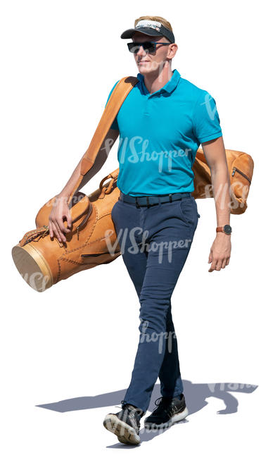 man with a golf bag walking