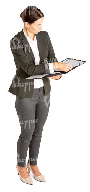 office worker standing and looking at some papers
