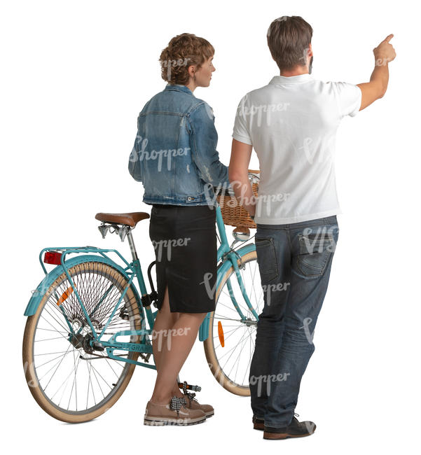 man and woman standing with a bicycle and looking at smth