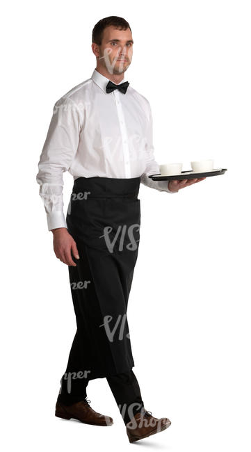 waiter in a black apron walking