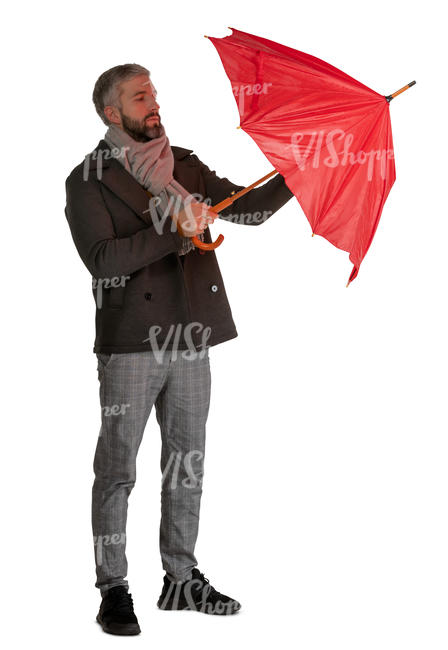 man opening a red  umbrella