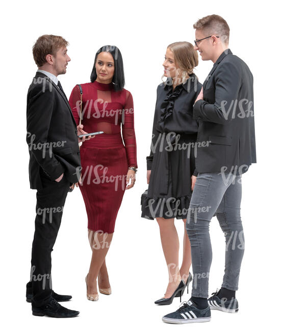 four people standing and talking