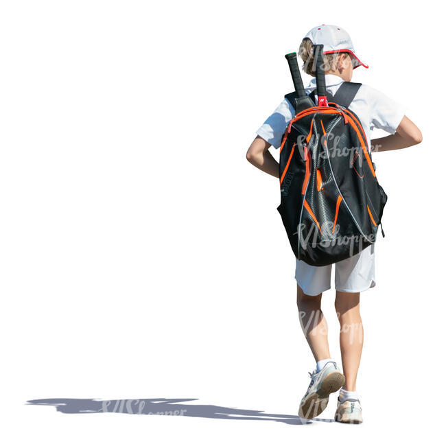 little boy with a tennis bag walking