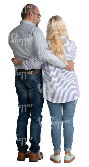 elderly couple standing with arms around each other