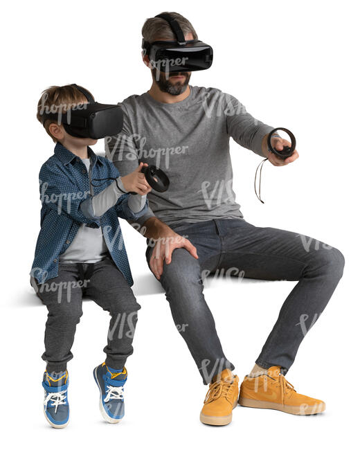 father and son playing VR games