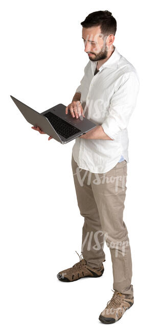 man with a laptop standing seen from above