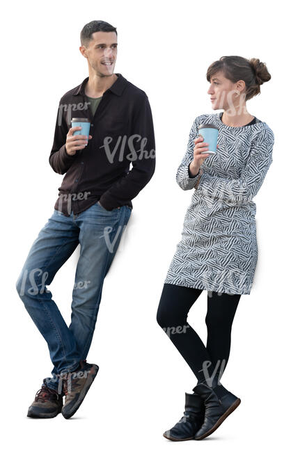 man and woman standing and drinking coffee