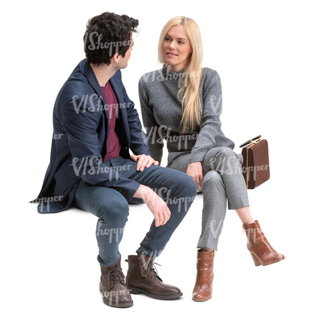 man and woman sitting and talking