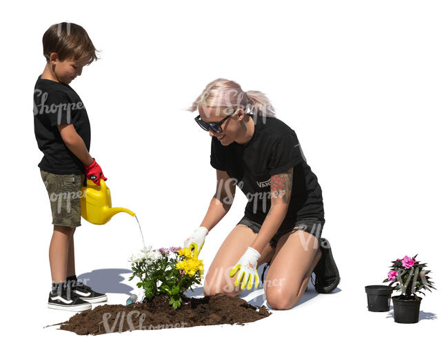 mother and son planting flowers