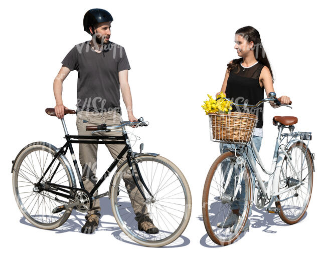 two people with bikes standing and talking