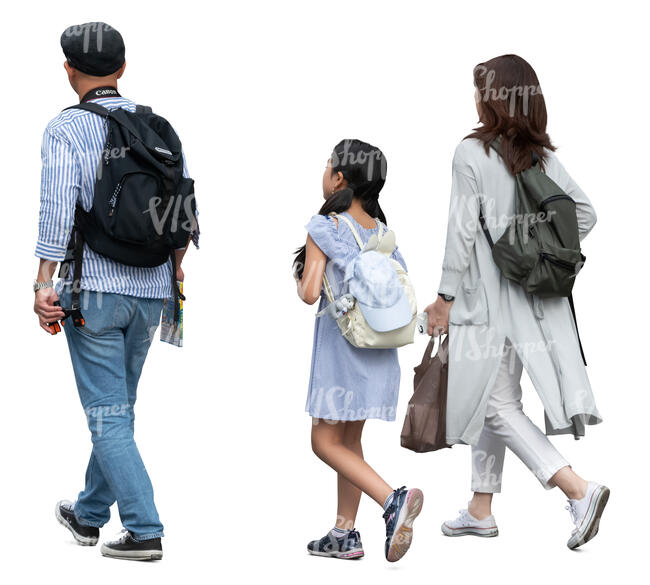 asian family of three walking