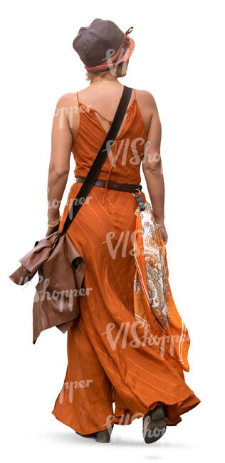 woman in a long orange dress walking