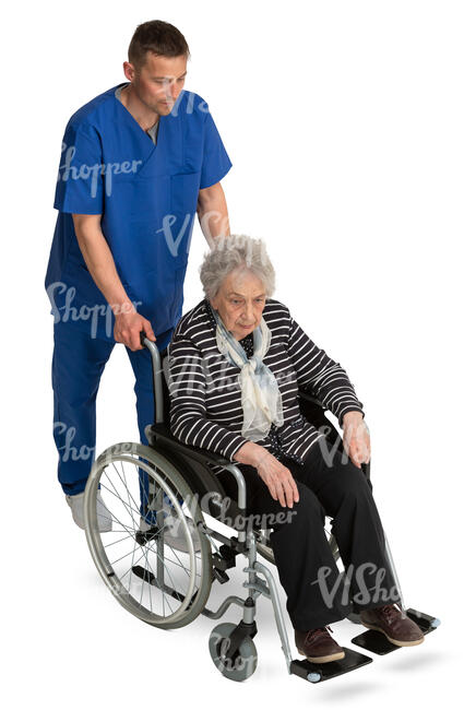 male nurse pushing an elderly lady in a wheel chair