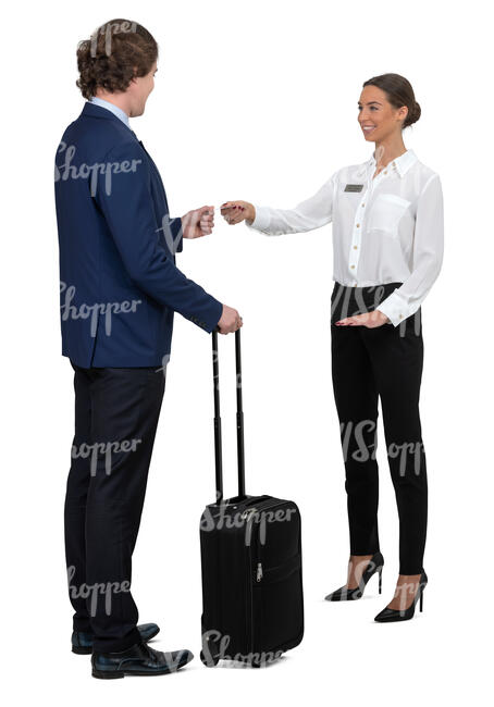 hotel receptionist talking to a businessman