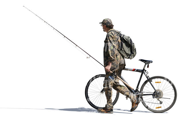 fisherman with a bicycle walking