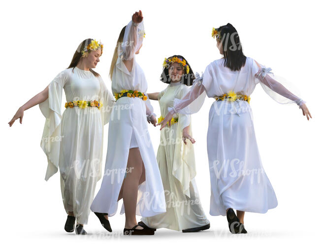 four women in white robes dancing