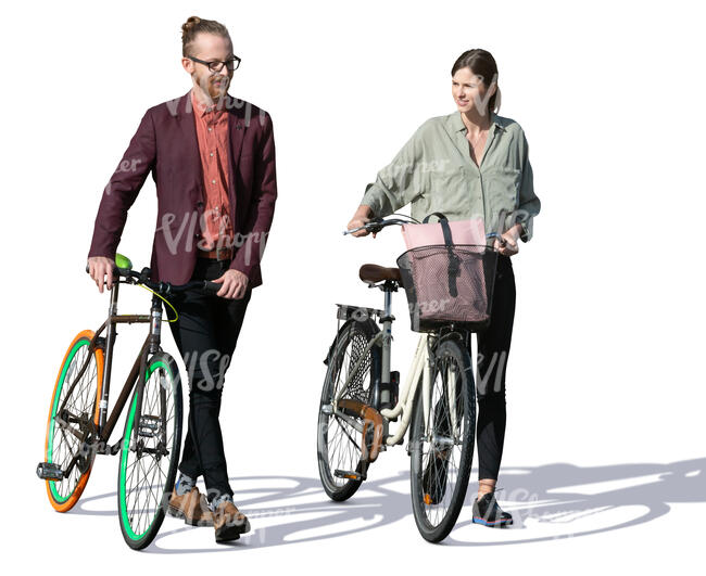 man and woman with bicycles walking