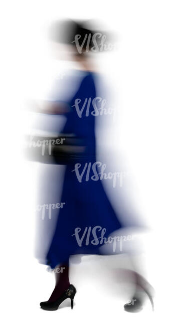 motion blur woman in a blue dress walking