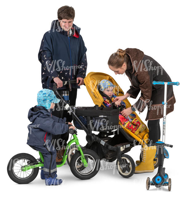 family with two kids and a stroller standing