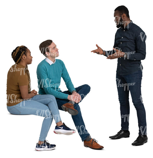 group of three adults sitting and talking