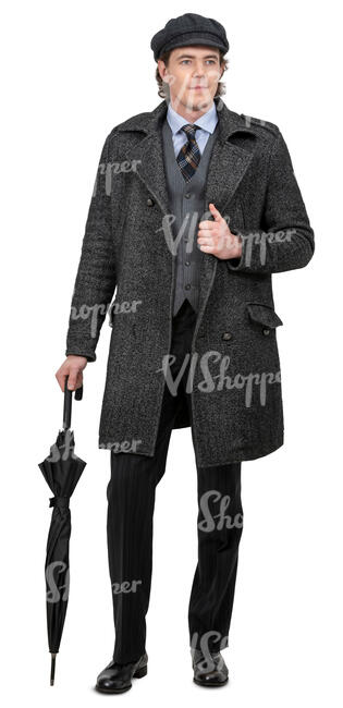 man in a grey overcoat and umbrella standing