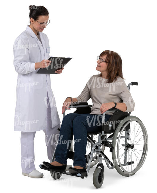 doctor talking to an older woman in a wheelchair