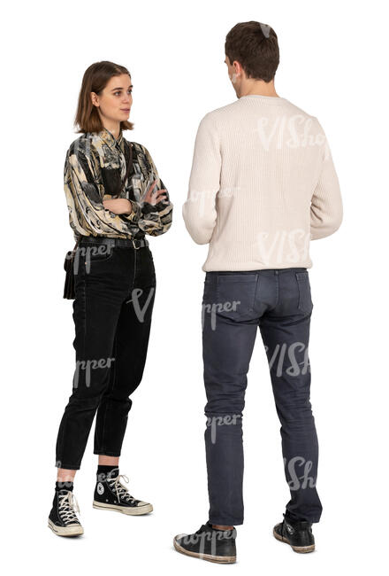 young man and woman standing and talking