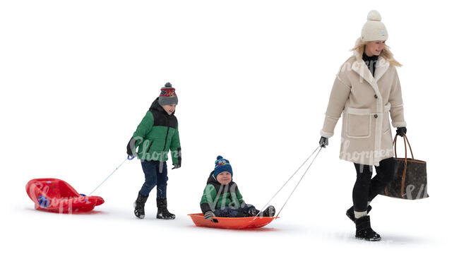 mother with two sons going sledging