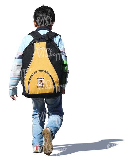 little boy with aschoolbag walking