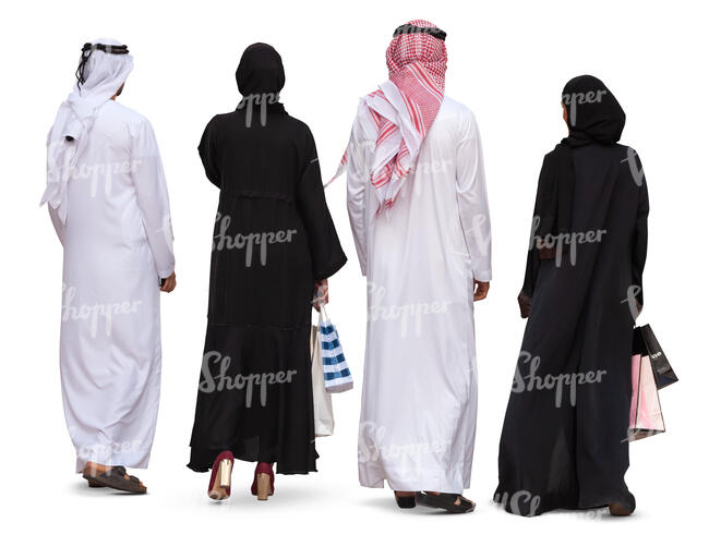 four emirati people with shopping bags walking