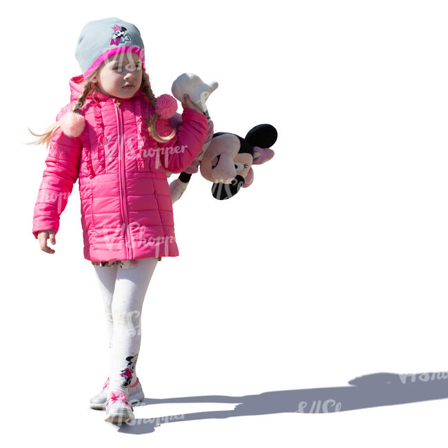 little girl with toy Minnie Mouse walking