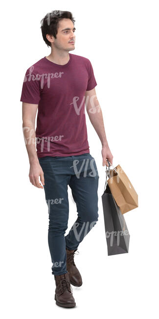 young man with shopping bags walking