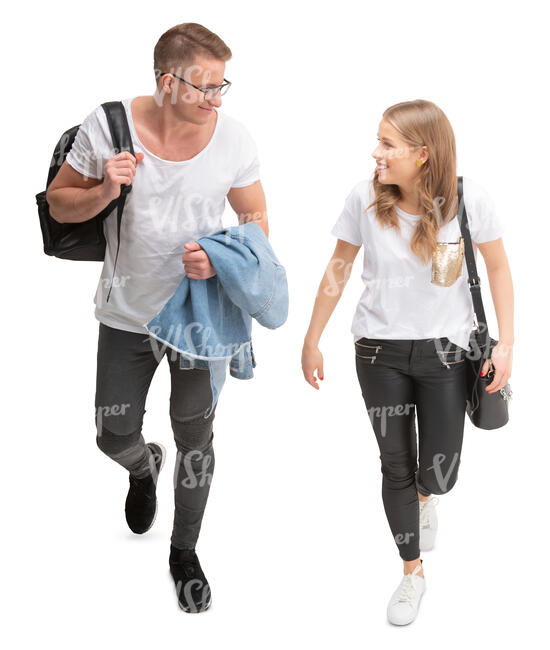 young cheerful man and woman walking seen from above 