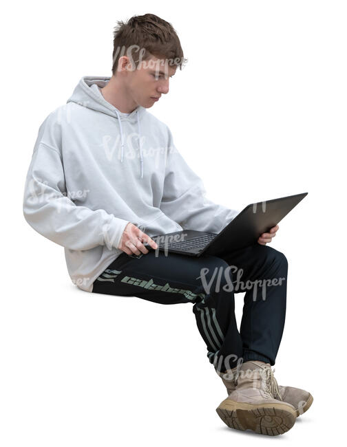 young man with a laptop sitting on a bench