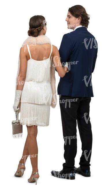 couple in a vintage party outfit standing