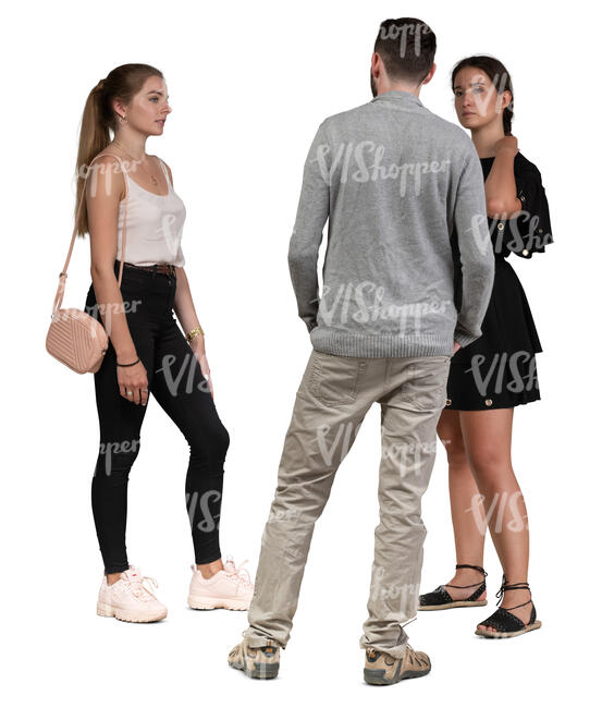 three people standing in group and talking