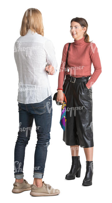 man and woman standing and talking happily