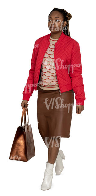 black woman in red jacket walking