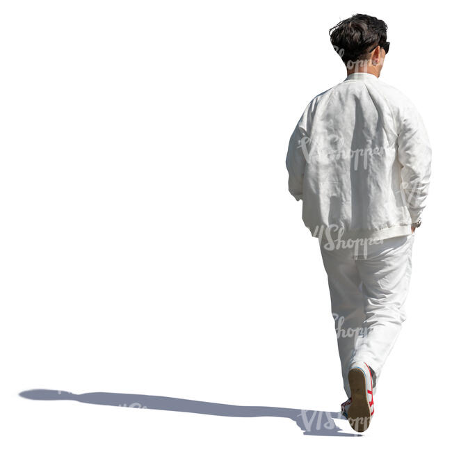 asian man in a white costume walking