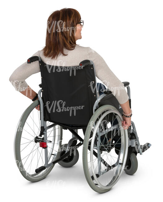 older woman in a wheelchair seen from back angle