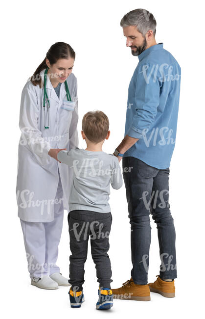 female doctor talking to a man with a child