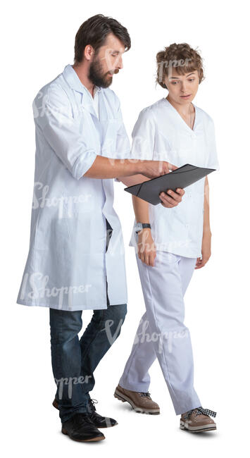 two medical workers walking and talking