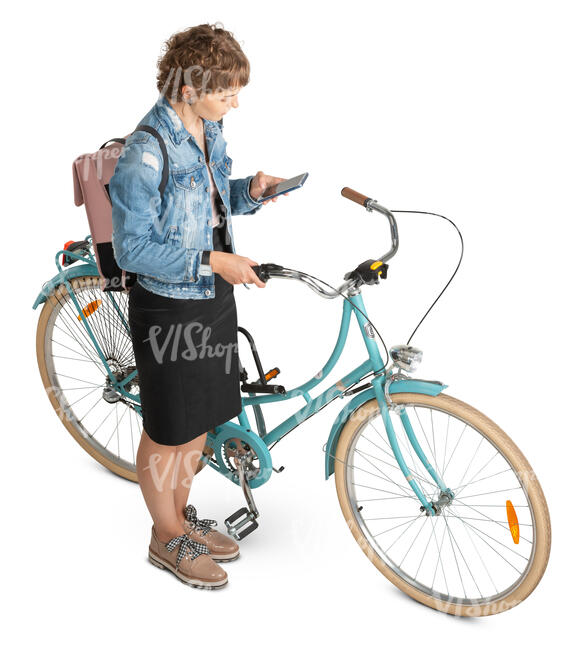 woman with a bicycle stopping and checking her phone