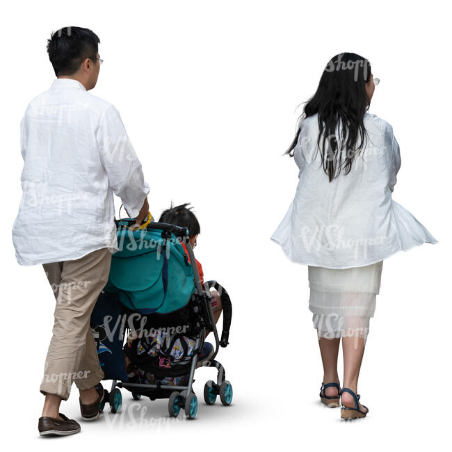 asian family of three walking on a summer day